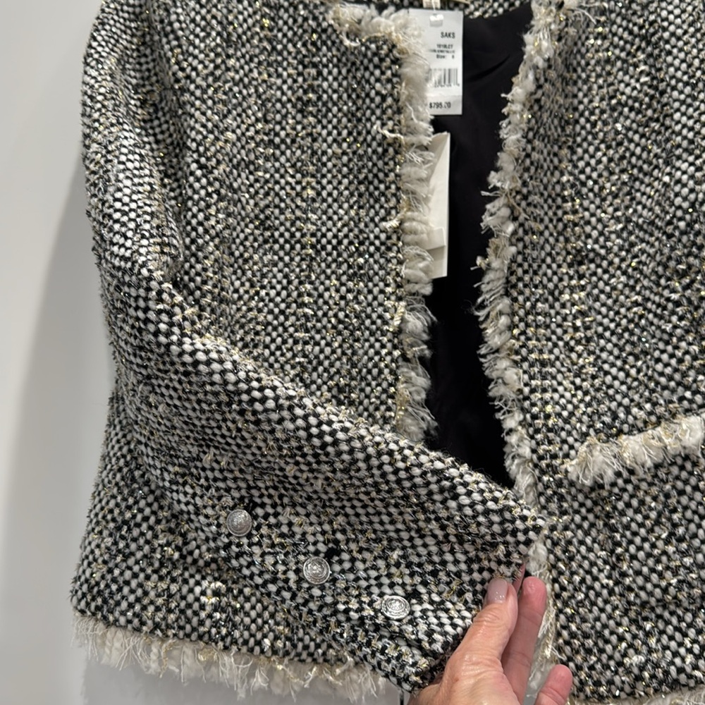 NWT L’AGENCE Angelina Fringe Trim Metallic Jacket, Sz 6, Black/Wht/Gold Shimmer - Picture 4 of 11